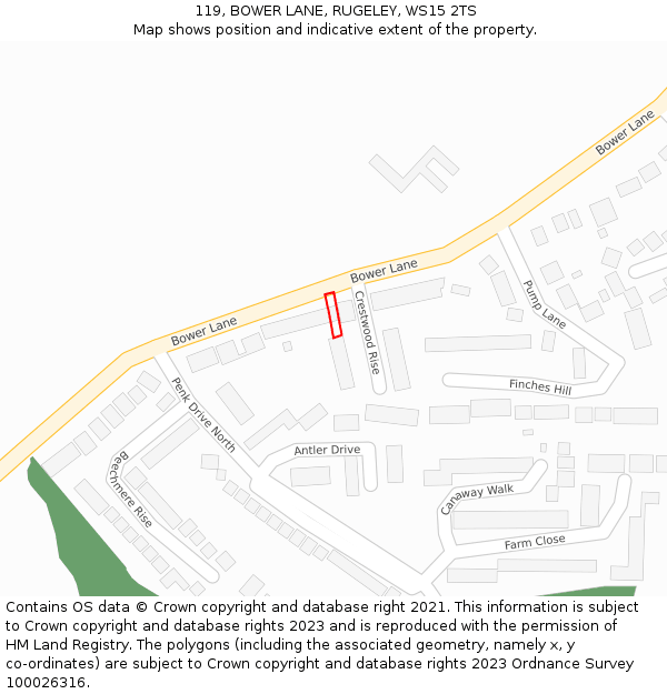 119, BOWER LANE, RUGELEY, WS15 2TS: Location map and indicative extent of plot