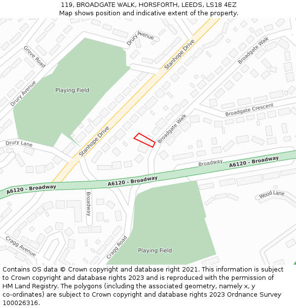 119, BROADGATE WALK, HORSFORTH, LEEDS, LS18 4EZ: Location map and indicative extent of plot