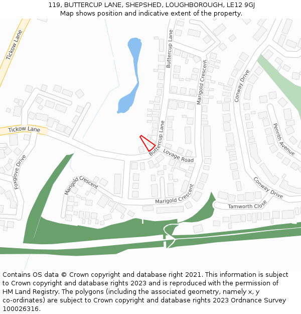 119, BUTTERCUP LANE, SHEPSHED, LOUGHBOROUGH, LE12 9GJ: Location map and indicative extent of plot