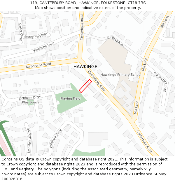 119, CANTERBURY ROAD, HAWKINGE, FOLKESTONE, CT18 7BS: Location map and indicative extent of plot