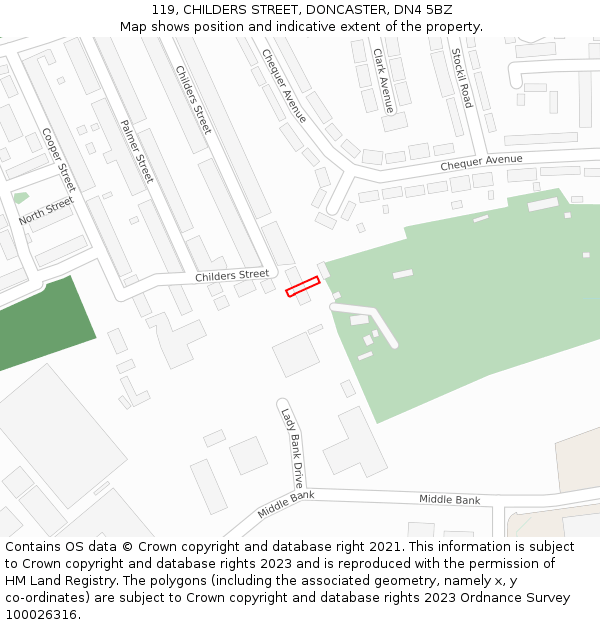 119, CHILDERS STREET, DONCASTER, DN4 5BZ: Location map and indicative extent of plot