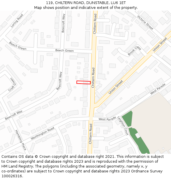 119, CHILTERN ROAD, DUNSTABLE, LU6 1ET: Location map and indicative extent of plot