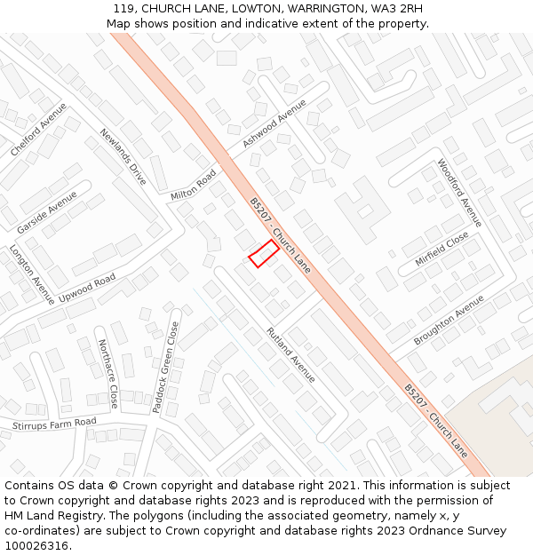 119, CHURCH LANE, LOWTON, WARRINGTON, WA3 2RH: Location map and indicative extent of plot