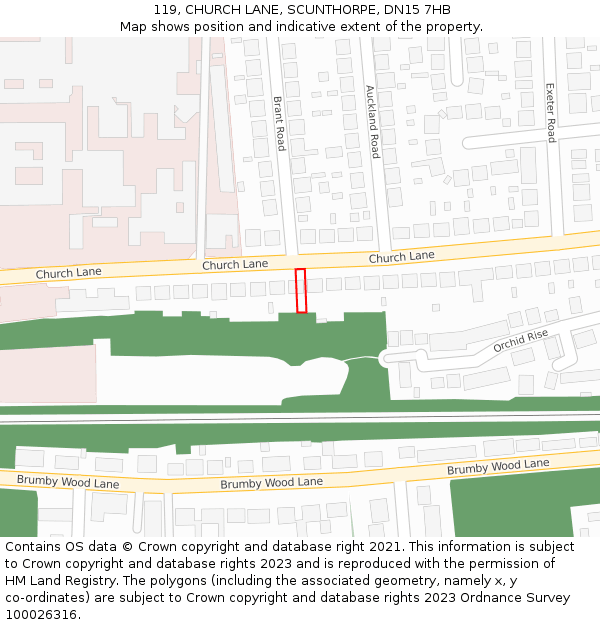 119, CHURCH LANE, SCUNTHORPE, DN15 7HB: Location map and indicative extent of plot