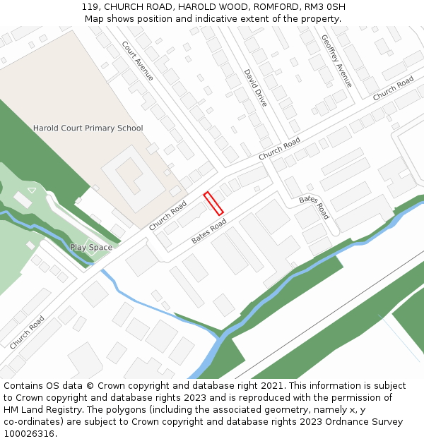 119, CHURCH ROAD, HAROLD WOOD, ROMFORD, RM3 0SH: Location map and indicative extent of plot