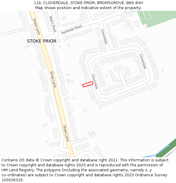 119, CLOVERDALE, STOKE PRIOR, BROMSGROVE, B60 4NH: Location map and indicative extent of plot