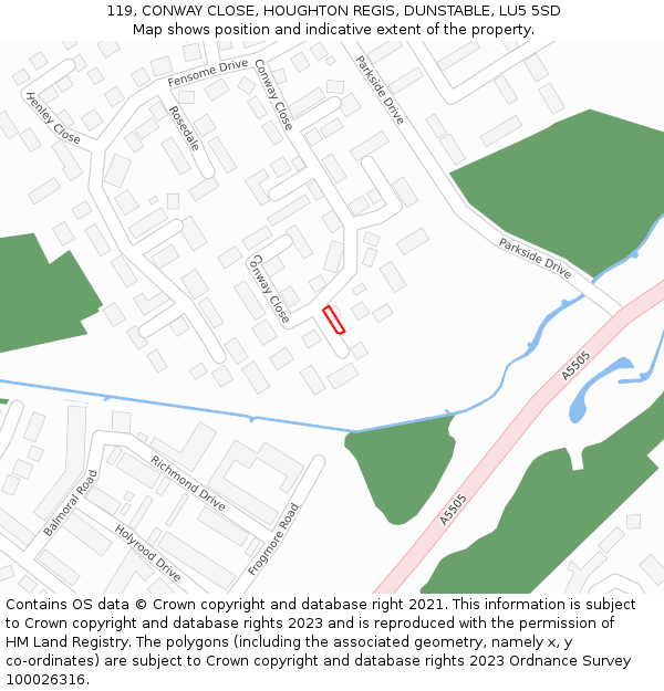 119, CONWAY CLOSE, HOUGHTON REGIS, DUNSTABLE, LU5 5SD: Location map and indicative extent of plot