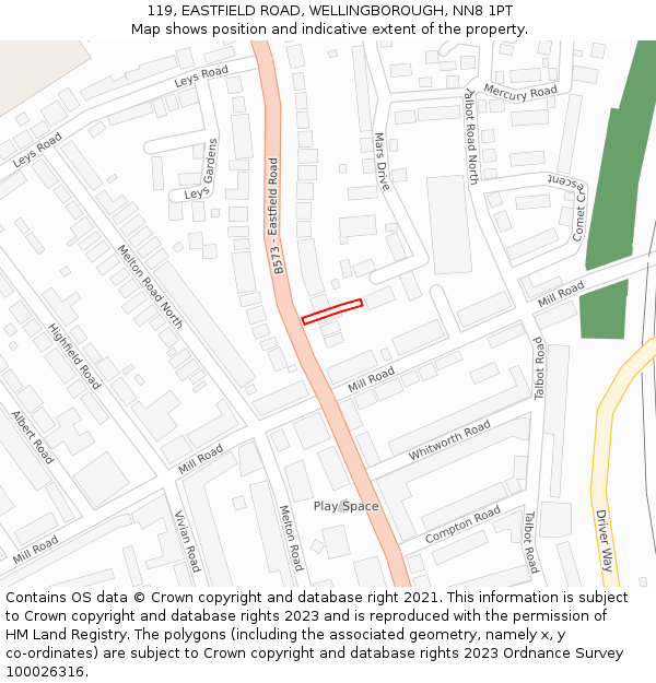 119, EASTFIELD ROAD, WELLINGBOROUGH, NN8 1PT: Location map and indicative extent of plot