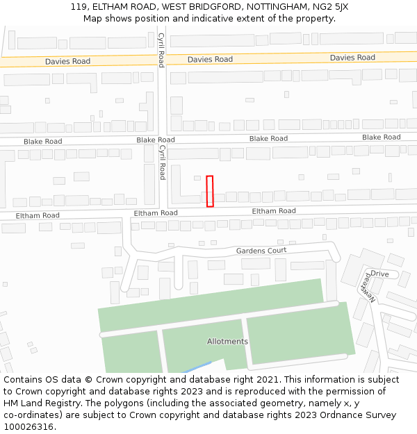 119, ELTHAM ROAD, WEST BRIDGFORD, NOTTINGHAM, NG2 5JX: Location map and indicative extent of plot