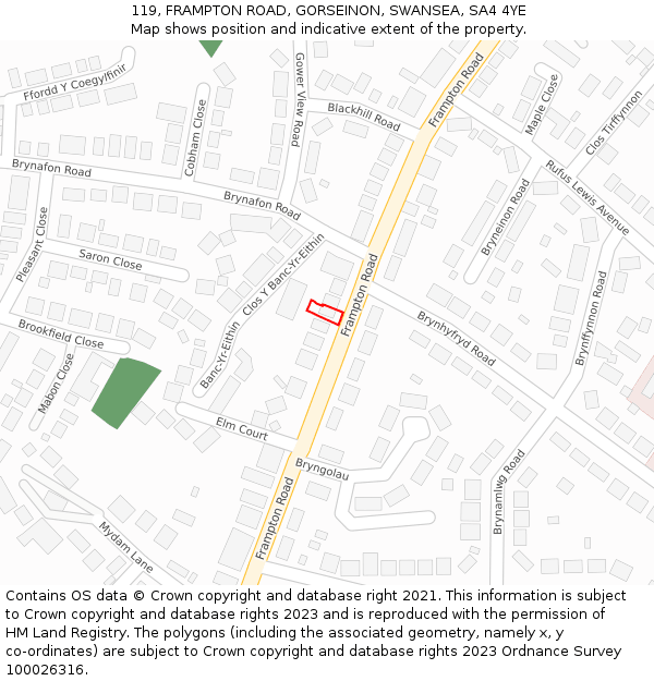 119, FRAMPTON ROAD, GORSEINON, SWANSEA, SA4 4YE: Location map and indicative extent of plot