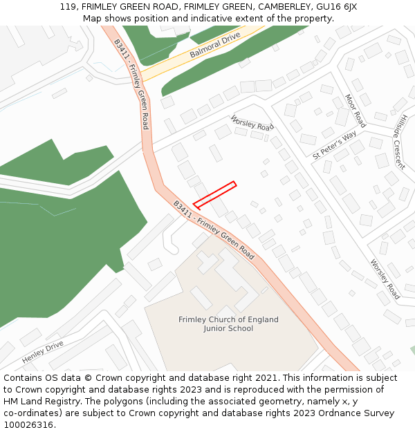 119, FRIMLEY GREEN ROAD, FRIMLEY GREEN, CAMBERLEY, GU16 6JX: Location map and indicative extent of plot