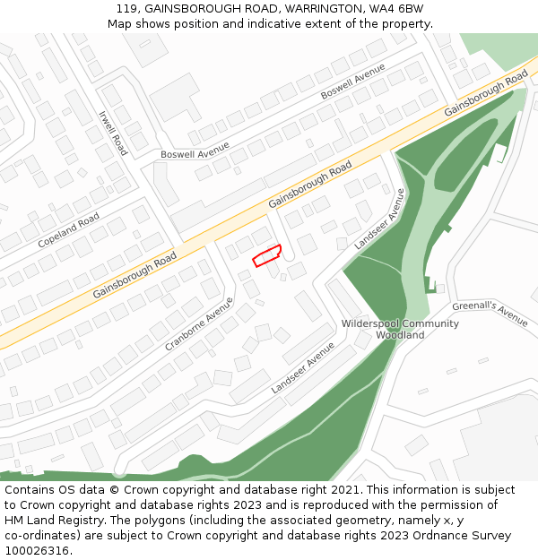 119, GAINSBOROUGH ROAD, WARRINGTON, WA4 6BW: Location map and indicative extent of plot