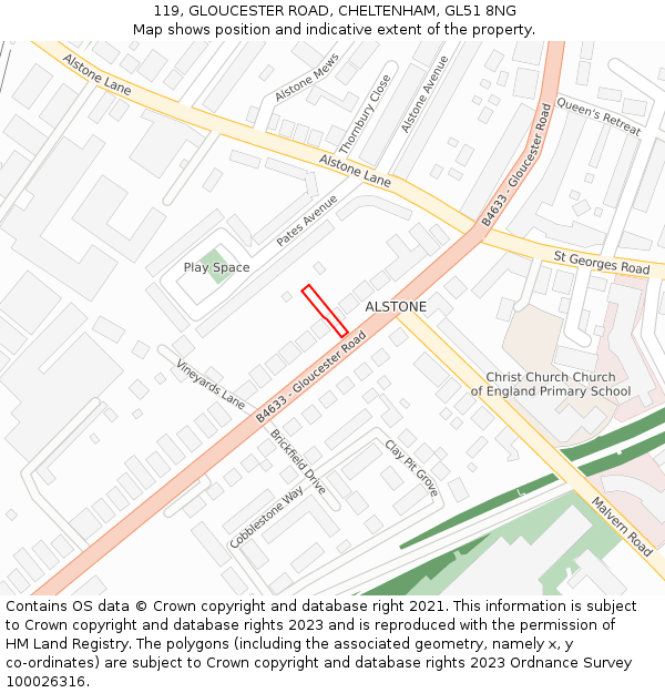 119, GLOUCESTER ROAD, CHELTENHAM, GL51 8NG: Location map and indicative extent of plot