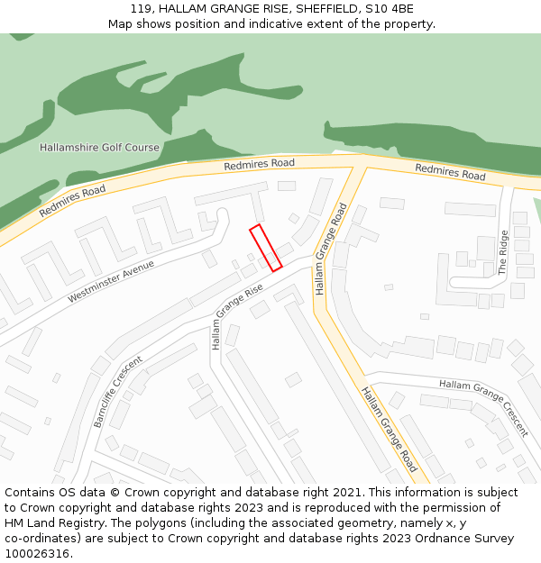 119, HALLAM GRANGE RISE, SHEFFIELD, S10 4BE: Location map and indicative extent of plot