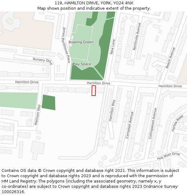 119, HAMILTON DRIVE, YORK, YO24 4NX: Location map and indicative extent of plot