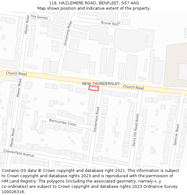 119, HAZLEMERE ROAD, BENFLEET, SS7 4AG: Location map and indicative extent of plot