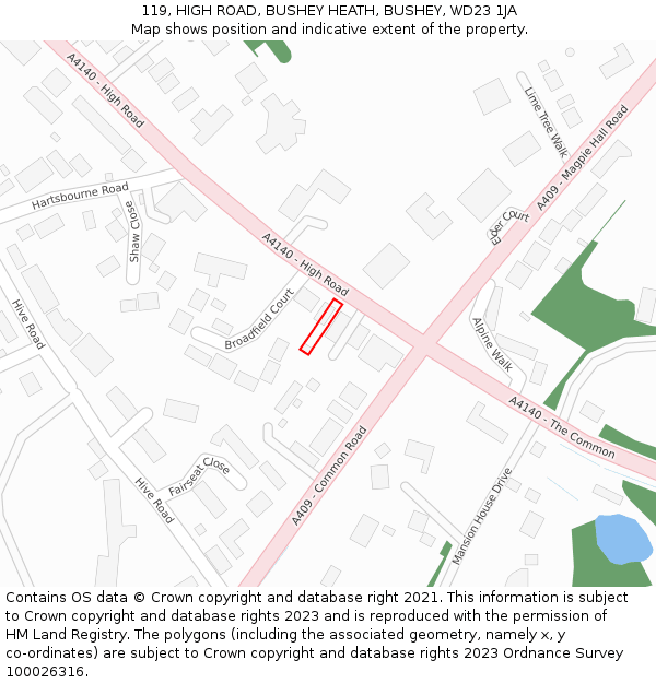 119, HIGH ROAD, BUSHEY HEATH, BUSHEY, WD23 1JA: Location map and indicative extent of plot