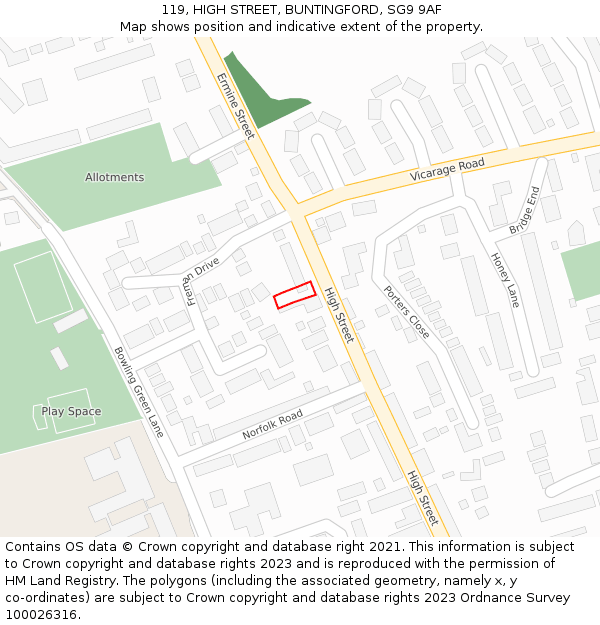 119, HIGH STREET, BUNTINGFORD, SG9 9AF: Location map and indicative extent of plot