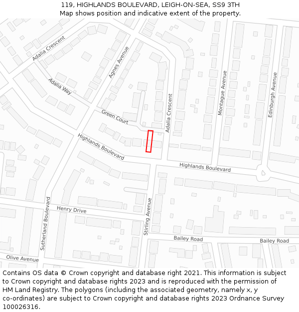 119, HIGHLANDS BOULEVARD, LEIGH-ON-SEA, SS9 3TH: Location map and indicative extent of plot