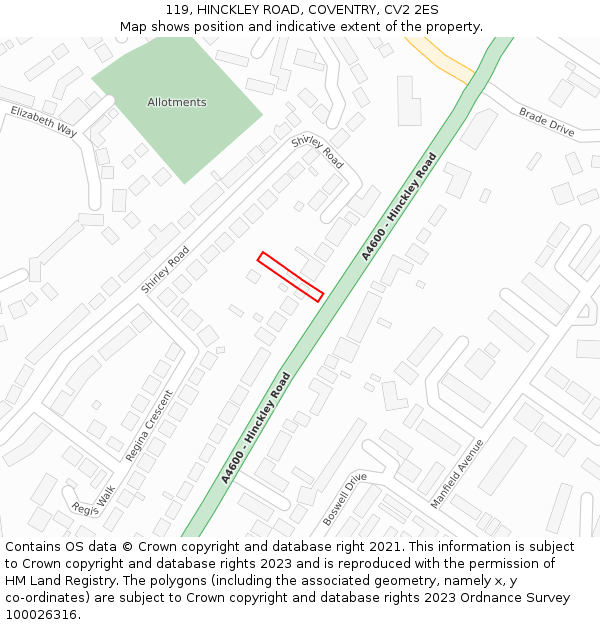 119, HINCKLEY ROAD, COVENTRY, CV2 2ES: Location map and indicative extent of plot