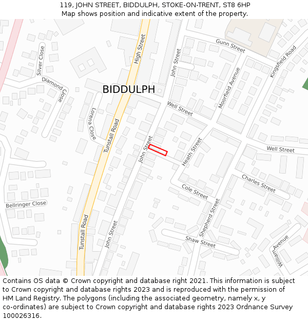 119, JOHN STREET, BIDDULPH, STOKE-ON-TRENT, ST8 6HP: Location map and indicative extent of plot