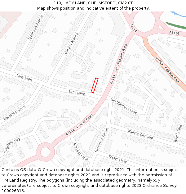 119, LADY LANE, CHELMSFORD, CM2 0TJ: Location map and indicative extent of plot