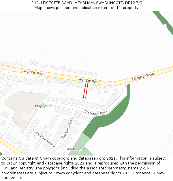 119, LEICESTER ROAD, MEASHAM, SWADLINCOTE, DE12 7JG: Location map and indicative extent of plot
