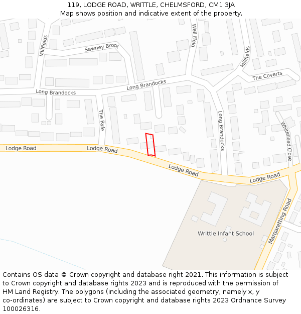 119, LODGE ROAD, WRITTLE, CHELMSFORD, CM1 3JA: Location map and indicative extent of plot