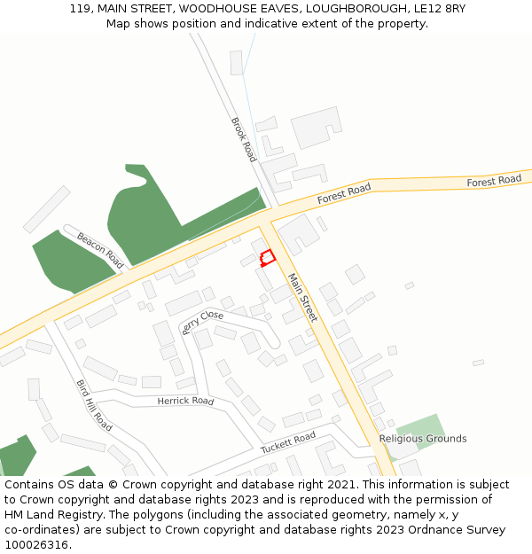 119, MAIN STREET, WOODHOUSE EAVES, LOUGHBOROUGH, LE12 8RY: Location map and indicative extent of plot
