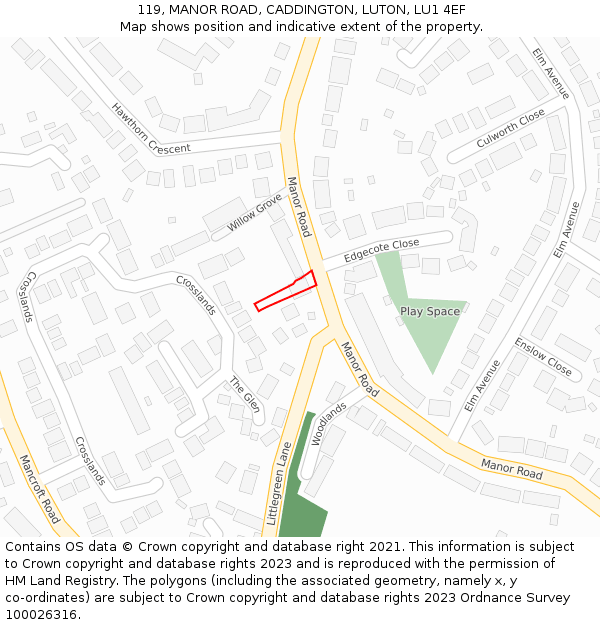 119, MANOR ROAD, CADDINGTON, LUTON, LU1 4EF: Location map and indicative extent of plot