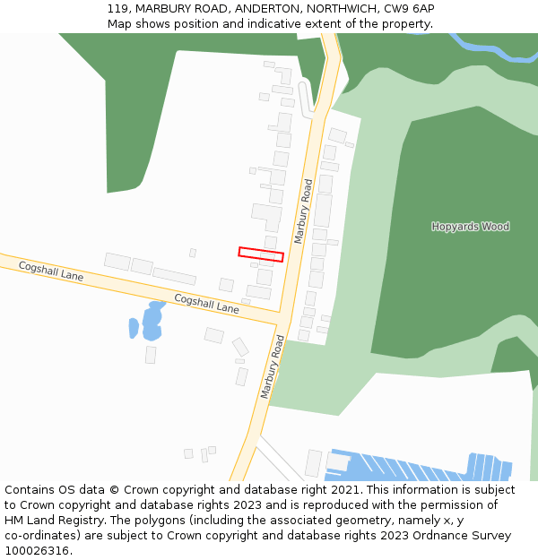 119, MARBURY ROAD, ANDERTON, NORTHWICH, CW9 6AP: Location map and indicative extent of plot