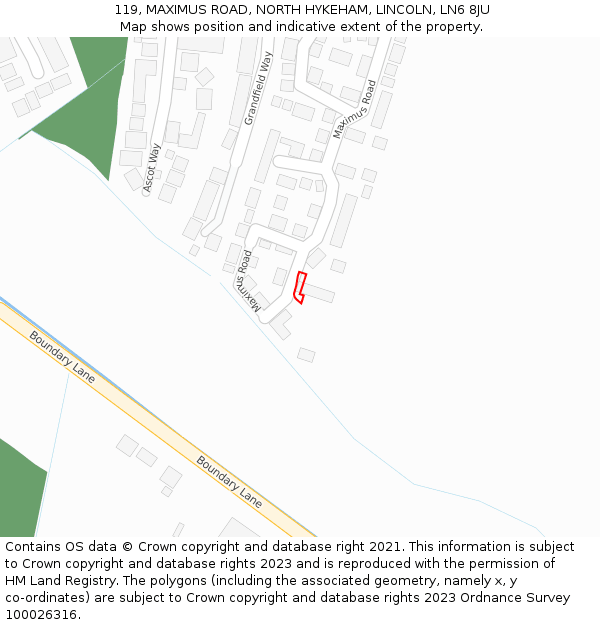 119, MAXIMUS ROAD, NORTH HYKEHAM, LINCOLN, LN6 8JU: Location map and indicative extent of plot