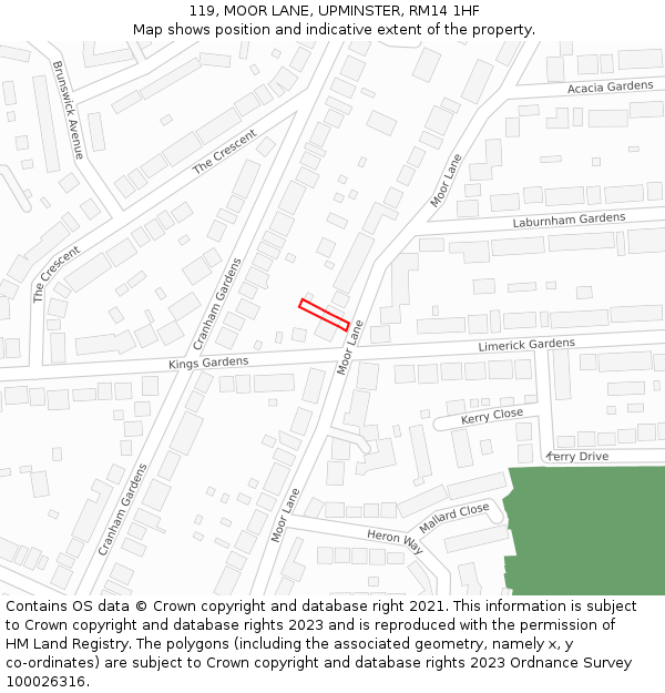 119, MOOR LANE, UPMINSTER, RM14 1HF: Location map and indicative extent of plot