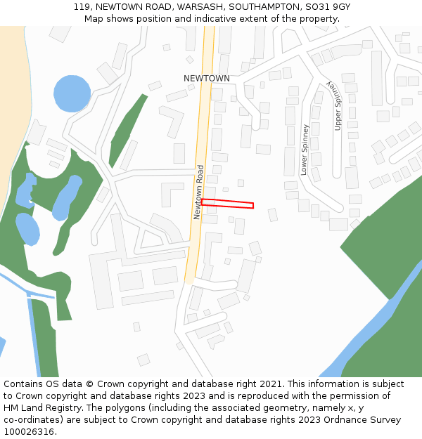 119, NEWTOWN ROAD, WARSASH, SOUTHAMPTON, SO31 9GY: Location map and indicative extent of plot