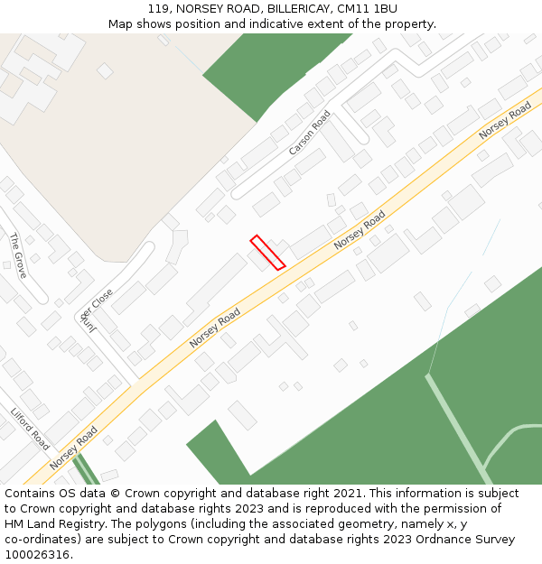 119, NORSEY ROAD, BILLERICAY, CM11 1BU: Location map and indicative extent of plot