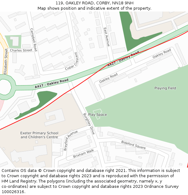 119, OAKLEY ROAD, CORBY, NN18 9NH: Location map and indicative extent of plot