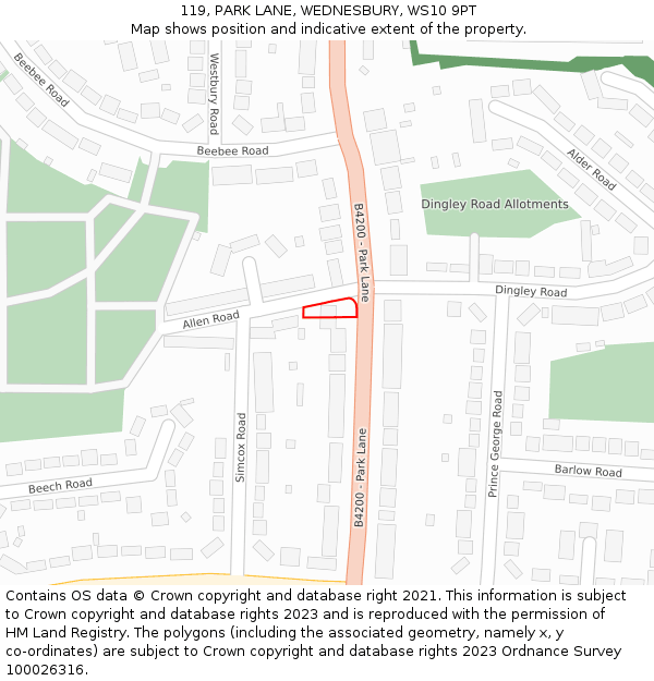 119, PARK LANE, WEDNESBURY, WS10 9PT: Location map and indicative extent of plot