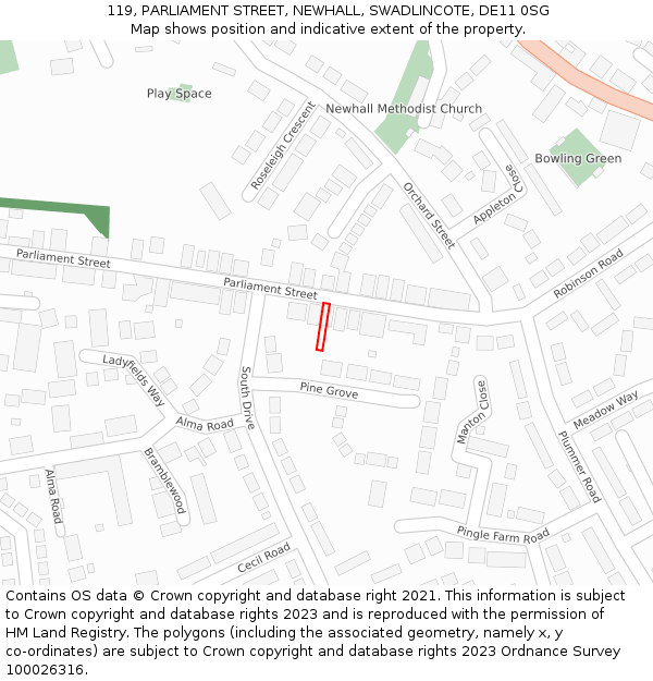 119, PARLIAMENT STREET, NEWHALL, SWADLINCOTE, DE11 0SG: Location map and indicative extent of plot