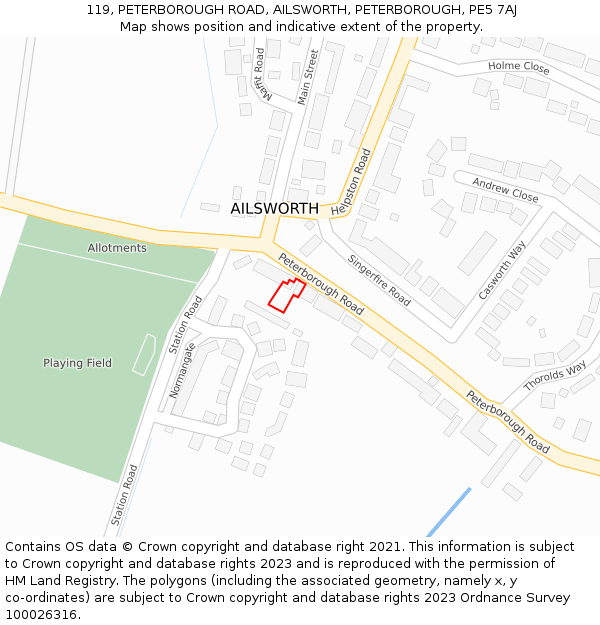 119, PETERBOROUGH ROAD, AILSWORTH, PETERBOROUGH, PE5 7AJ: Location map and indicative extent of plot