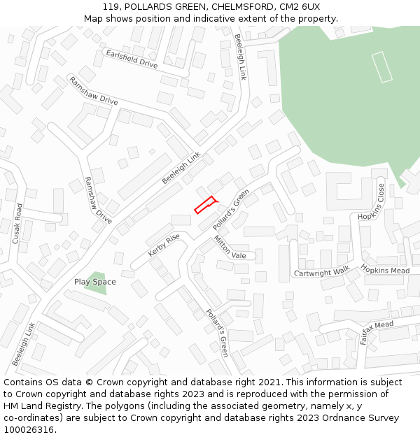 119, POLLARDS GREEN, CHELMSFORD, CM2 6UX: Location map and indicative extent of plot