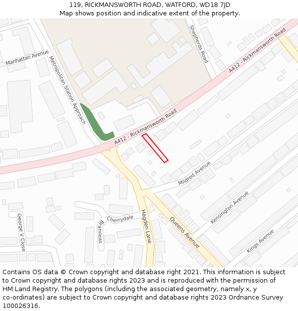 119, RICKMANSWORTH ROAD, WATFORD, WD18 7JD: Location map and indicative extent of plot