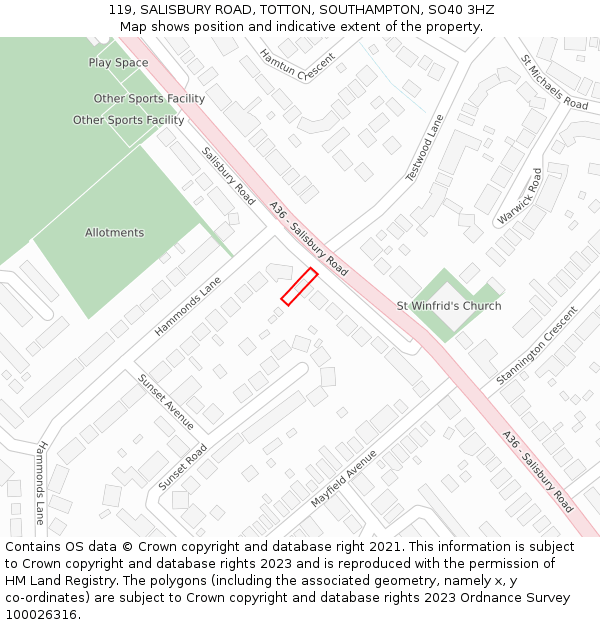 119, SALISBURY ROAD, TOTTON, SOUTHAMPTON, SO40 3HZ: Location map and indicative extent of plot