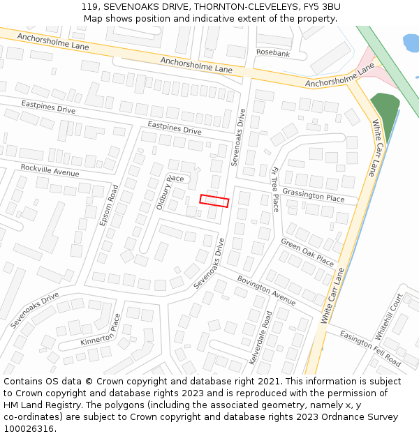 119, SEVENOAKS DRIVE, THORNTON-CLEVELEYS, FY5 3BU: Location map and indicative extent of plot