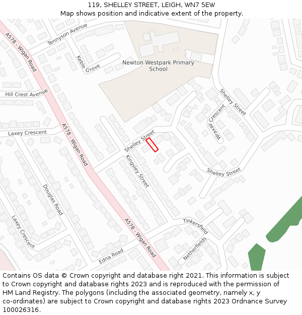 119, SHELLEY STREET, LEIGH, WN7 5EW: Location map and indicative extent of plot