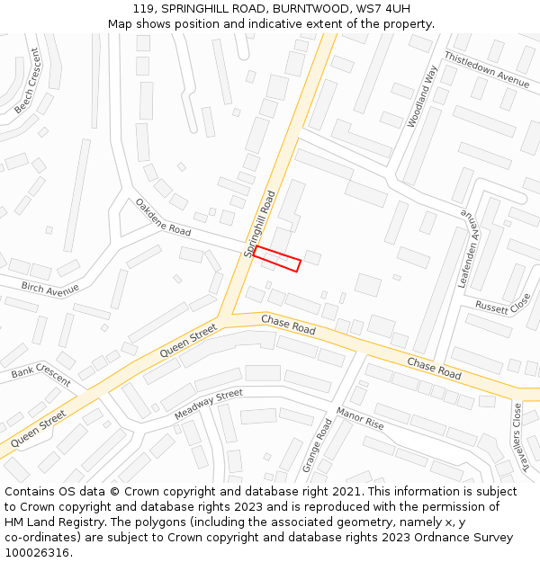 119, SPRINGHILL ROAD, BURNTWOOD, WS7 4UH: Location map and indicative extent of plot