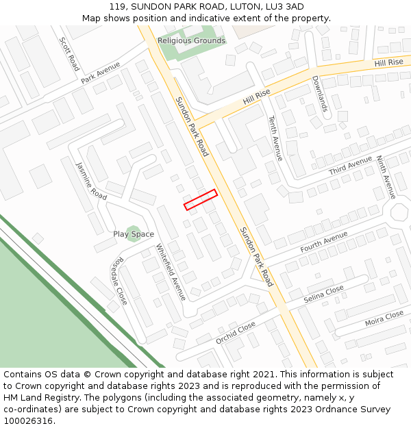 119, SUNDON PARK ROAD, LUTON, LU3 3AD: Location map and indicative extent of plot