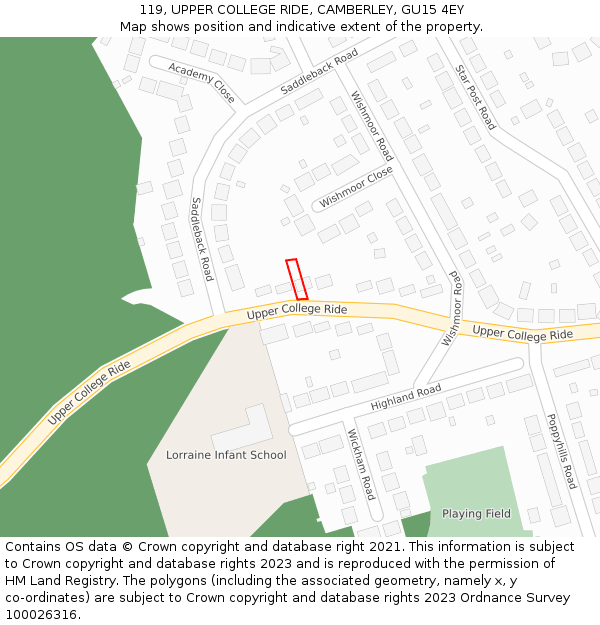 119, UPPER COLLEGE RIDE, CAMBERLEY, GU15 4EY: Location map and indicative extent of plot