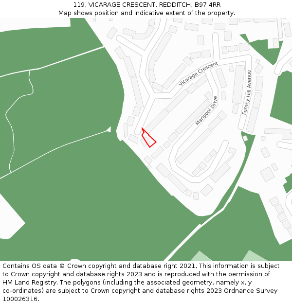 119, VICARAGE CRESCENT, REDDITCH, B97 4RR: Location map and indicative extent of plot