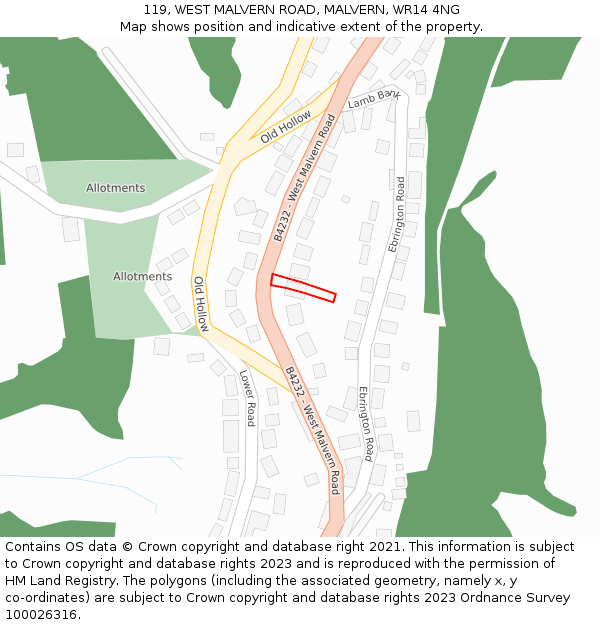 119, WEST MALVERN ROAD, MALVERN, WR14 4NG: Location map and indicative extent of plot