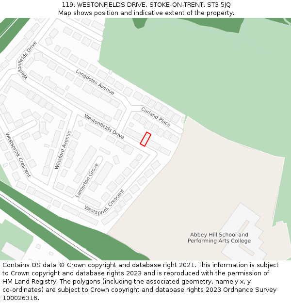 119, WESTONFIELDS DRIVE, STOKE-ON-TRENT, ST3 5JQ: Location map and indicative extent of plot